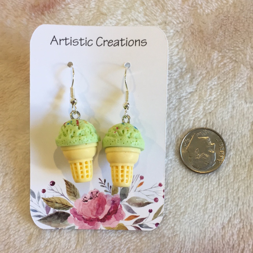 Green Matcha and Sprinkles Birthday Icecream Fashion Pierced Earrings NWT 1.50” - Picture 5 of 12